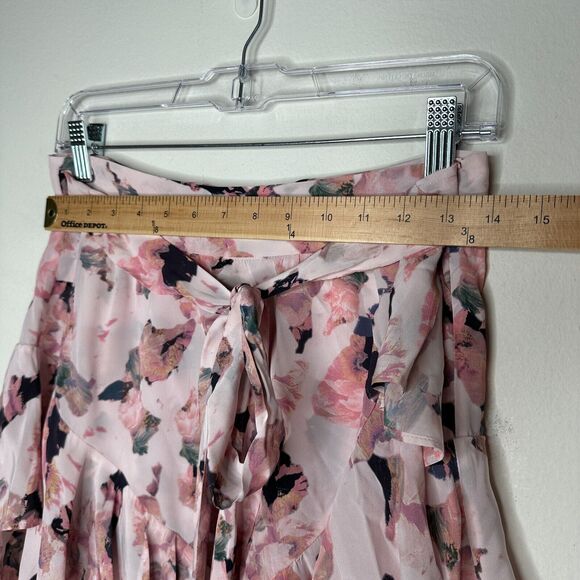 Iro Floral Light Pink Abstract Daring Wrap Flowy Layered Ruffled Mini Skirt 40 - Picture 15 of 16